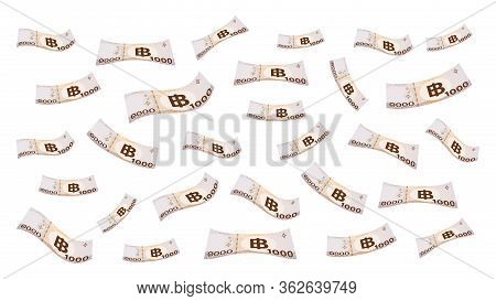 1000 Baht Thai Money Flying Isolated On White Background, Banknote Money Falling From Top Image, Tha