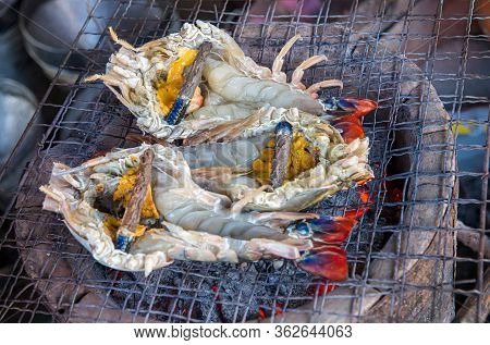 Barbecue Grill Big Shrimp Cooking Lunch Time, Closeup Cooked Seafood Gourmet Grill Bbq. Grilled Big 