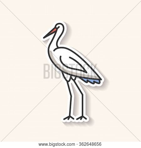 Crane Bird Patch. Heron Standing In Pose. Elegant Animal In Stance. Japanese Bird With Beak And Long