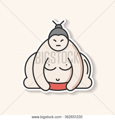 Sumo Patch. Traditional Asian Wrestler. Shirtless Large Athlete In Power Stance. Japanese Ringer Rea