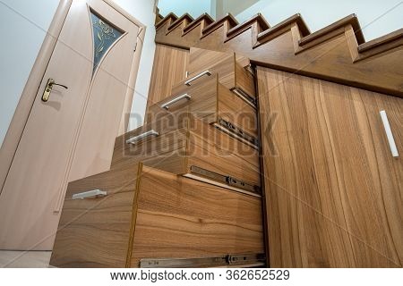 Modern Architecture Interior With Luxury Hallway With Glossy Wooden Stairs In Multi-storey House. Cu