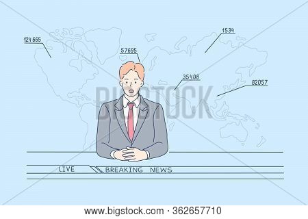 Tv News Report Concept. Young Man Cartoon Character Television Host Telling Television Breaking Repo