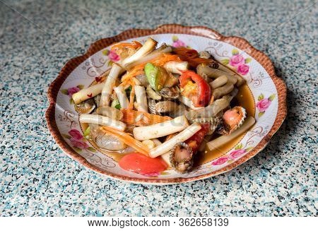 Thai Papaya Salad With Lotus Leaf. Papaya Salad Or What We Called In Thai Som Tum With Lotus Stem Is