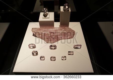 Pink Kunzite Crystal, Semi Precious Gem. Jewelry Composition Of Natural Gems