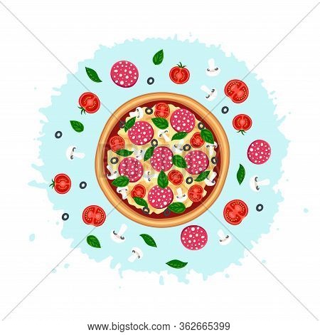 Tasty Pizza With Sausage, Tomato, Mushroom, Cheese, Olive, Basil Top View With Ingridients Around On