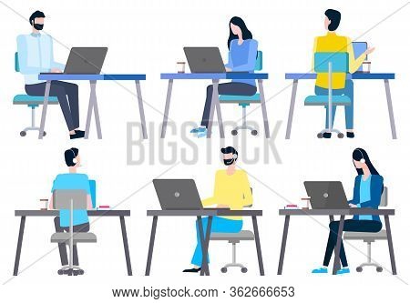 Online Consultants Or Managers Isolated. Vector People Working On Laptops And Planning Financial Iss