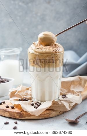 Coffee Trend - Dalgona Coffee, Whipped Instant Coffee On Rustic Background, Copy Space. Dalgona Frot
