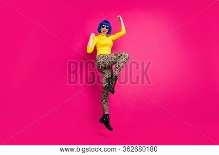 Full Size Photo Of Crazy Funky Lady Jump High Up Fists Excited Good Mood Rejoicing Wear Specs Yellow