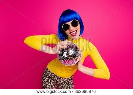 Photo Of Crazy Funky Lady Student Party Nightclub Hold Disco Ball Chilling Wear Specs Yellow Turtlen