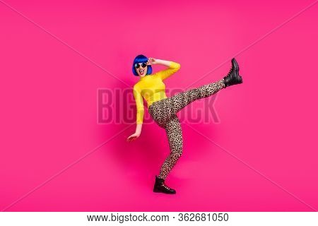 Full Body Photo Of Funky Carefree Lady Cool Students Party Raise Leg Up Wear Retro Specs Yellow Turt