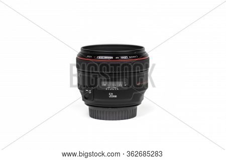 Tokyo, Japan 22.04.2020 Canon Ef-50mm 1.2 Usm Lens Distance Scale Copy Space Isolated On White Backg