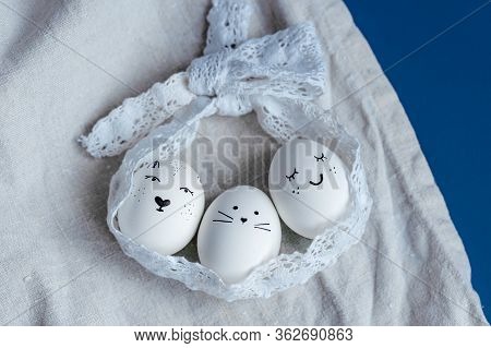 Happy Easter Card. Easter Holiday Concept With Different Funny Faces Handmade Eggs: Bunny And Chick.