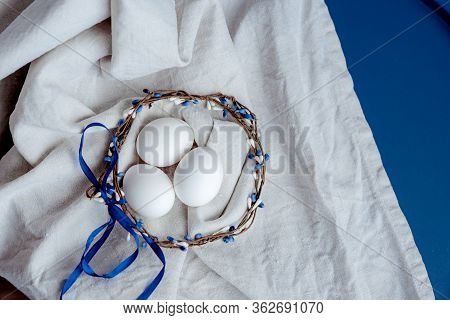 Happy Easter Card. Easter Holiday Concept Handmade Eggs. Background Colored Classic Blue, White Lene