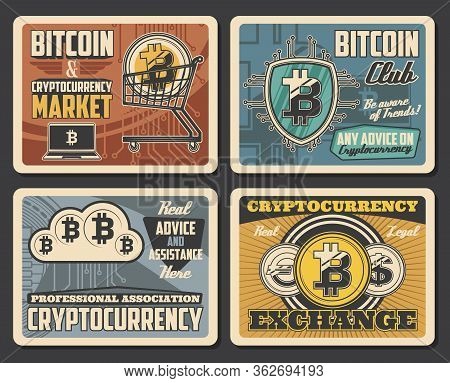 Bitcoin Cryptocurrency And Digital Money Market, Vector Vintage Posters. Bitcoin Mining Traders Club