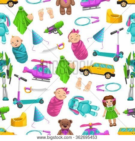 Newborn Kids Toys, Vector Seamless Pattern Background. Boy And Girl Baby In Swaddle, Foot Prints, Do
