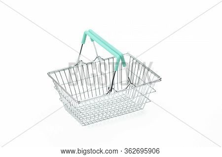Empty Metal Shopping Basket Isolated On White Background, Rational Consumption Concept, Conscious Co