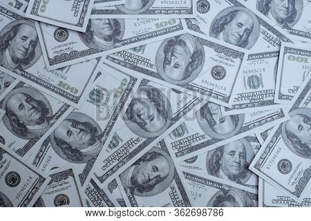 Group Of Money Stack Of 100 Us Dollars Banknotes A Lot Of The Background Texture Top View