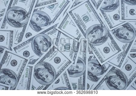 Group Of Money Stack Of 100 Us Dollars Banknotes A Lot Of The Background Texture Top View