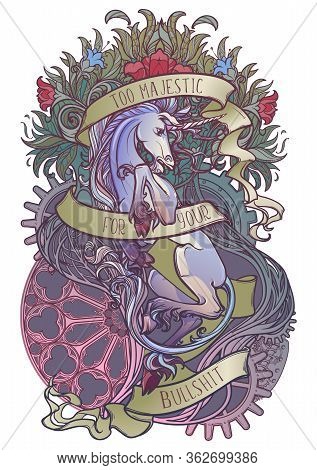 Colourfull And Intricate Drawing Of Hte Legendary Unicorn On A Decorative Flames And Plants Ornament
