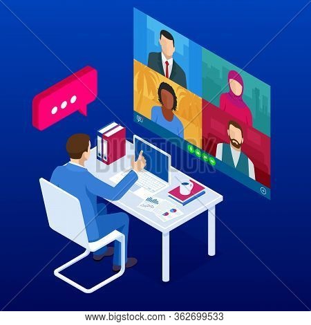 Isometric Video Conference. Online Meeting Work Form Home. Home Office. Multiethnic Business Team. S