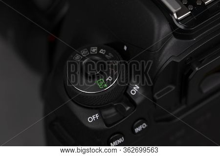 Tokyo, Japan 22.04.2020 - Dslr Camera Canon Mark 5d Iv Detail Shot Close Up Mode Dial