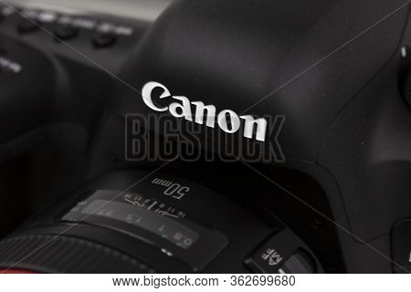 Tokyo, Japan 22.04.2020 - Dslr Camera Canon Mark 5d Iv Detail Shot Close Up Canon Logo And Distance 