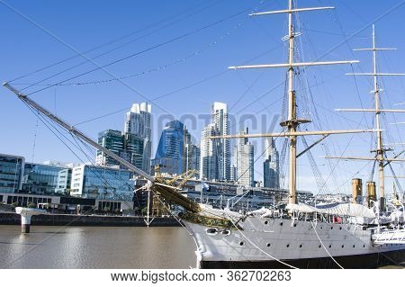 Buenos Aires City, Argentina. June 16, 2018.and Old Ship In Puerto Madero, Buenos Aires Argentina