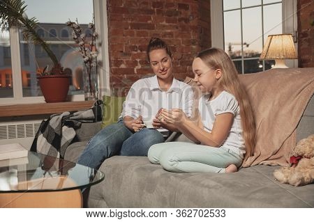 Tea Drinking, Talking. Mother And Daughter During Self-insulation At Home While Quarantined, Family 