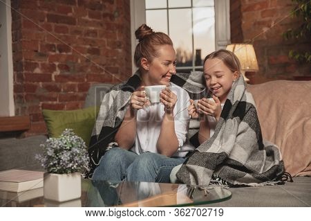Tea Drinking, Talking. Mother And Daughter During Self-insulation At Home While Quarantined, Family 