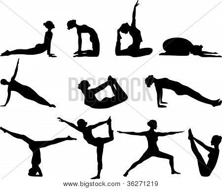 Silhuetter af yoga stillinger på hvid baggrund