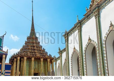 Temple Of Emerald Buddha With Library And Wiharn Yod. Bangkok, Thailand