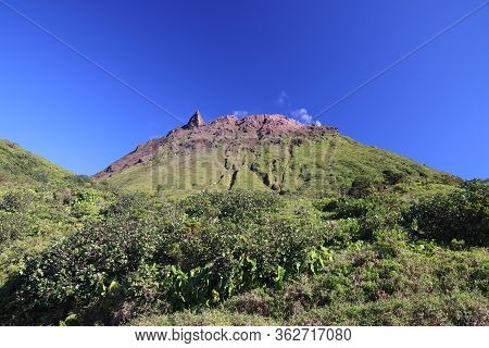 Volcano La Soufriere In Guadeloupe. Natural Landmark Active Volcano.