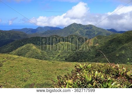 Volcano La Soufriere Mountain Landscape In Guadeloupe. Natural Landmark Active Volcano.
