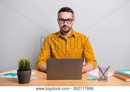 Portrait Of Focused Concetrated Intelligent Man Work Home Use Laptop Have Online Communication With 