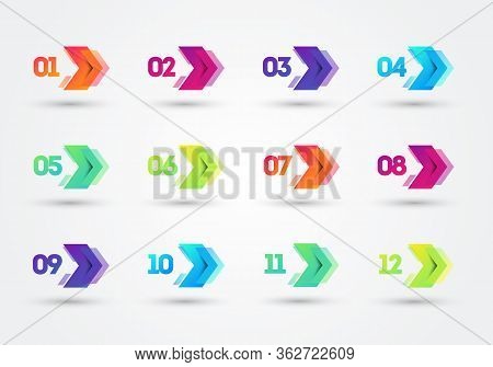 Vector Illustration Modern Colorful Bullet Points With Number 1 To 12. Arrows In Cyber Look