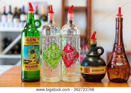Menorca, Spain - October 16, 2019: A Wide Selection Of Liqueurs And Gin In The Xoriguer Menorca Dist