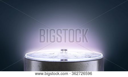 Blank Black Round Glowing Pedestal Mockup Stand Near Dark Wall, 3d Rendering. Empty Scene With Color
