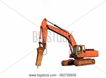 Excavator With Hydraulic Hammer Isolated On White Background. Isolation Of Backhoe For The Destructi