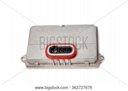 Spare Part Plastic Car Engine Control Unit With Metal Elements On A White Isolated Background Is The