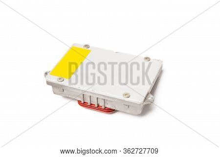 Plastic Car Engine Control Unit With Metal Elements On A White Isolated Background Is The Connecting