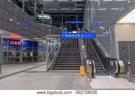 Feb 6, 2020 - Attnang Puchheim, Austria: Escalator At Empty Train Station In The Evening