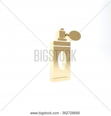 Gold Aftershave Bottle With Atomizer Icon Isolated On White Background. Cologne Spray Icon. Male Per