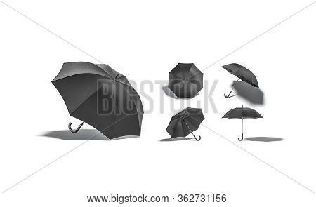 Blank Black Opened Umbrella Mock Up, Different Views, 3d Rendering. Empty Autumn Accessory For Raini