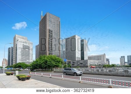 Skyscrapers By The Road In The Financial District, Ningbo, China.