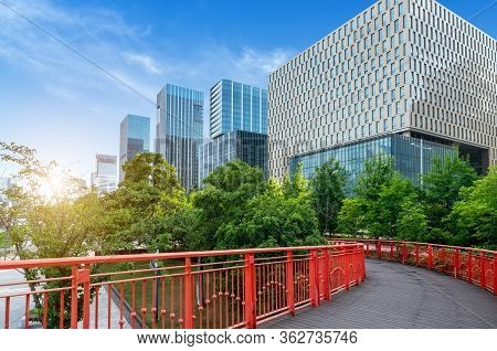 New Skyscrapers And Red Bridge, Cityscape Of Ningbo, China.