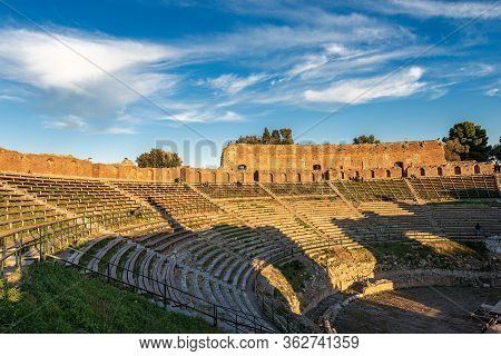 Ancient Greek And Roman Theater At Sunset In Taormina Town, Messina, Sicily Island, Italy (ii Centur