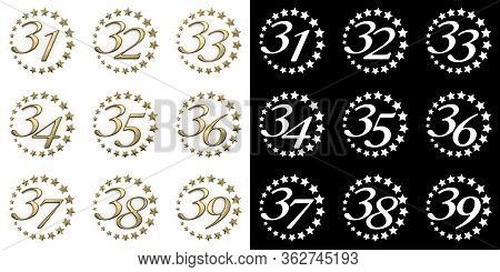 Set Of Numbers From Thirty-one To Thirty-nine. Anniversary Celebration Design With A Circle Of Golde