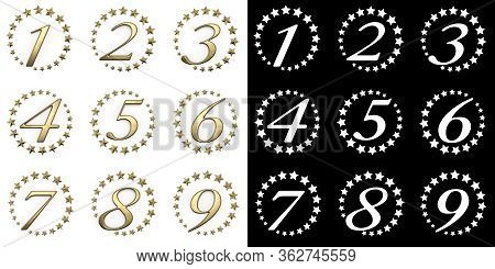 Set Of Numbers From One To Nine. Anniversary Celebration Design With A Circle Of Golden Stars On A W
