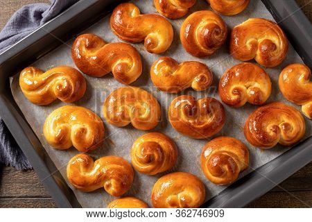 Top View Of Freshly Baked Jidasky Or Jidase - Czech Sweet Easter Pastry Made Of Yeast Dough