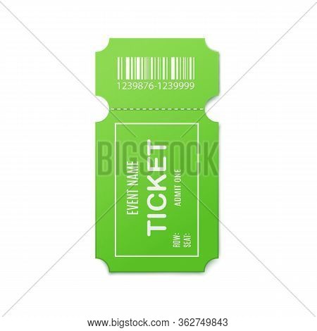 Mockup Of Green Admit Event Ticket, 3d Realistic Vector Illustration Isolated.